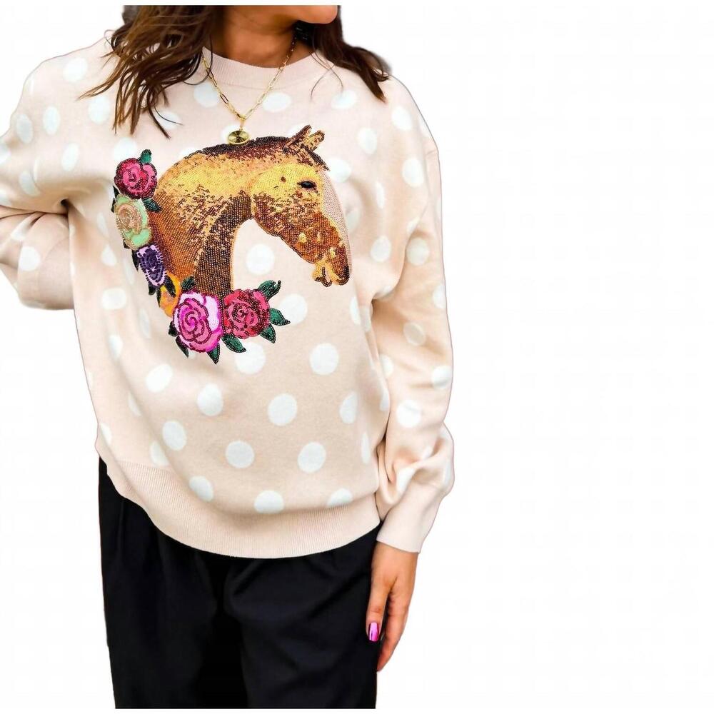 NEW QUEEN OF SPARKLES polka dot horse & rose wreath sweater in pink - Picture 8 of 9